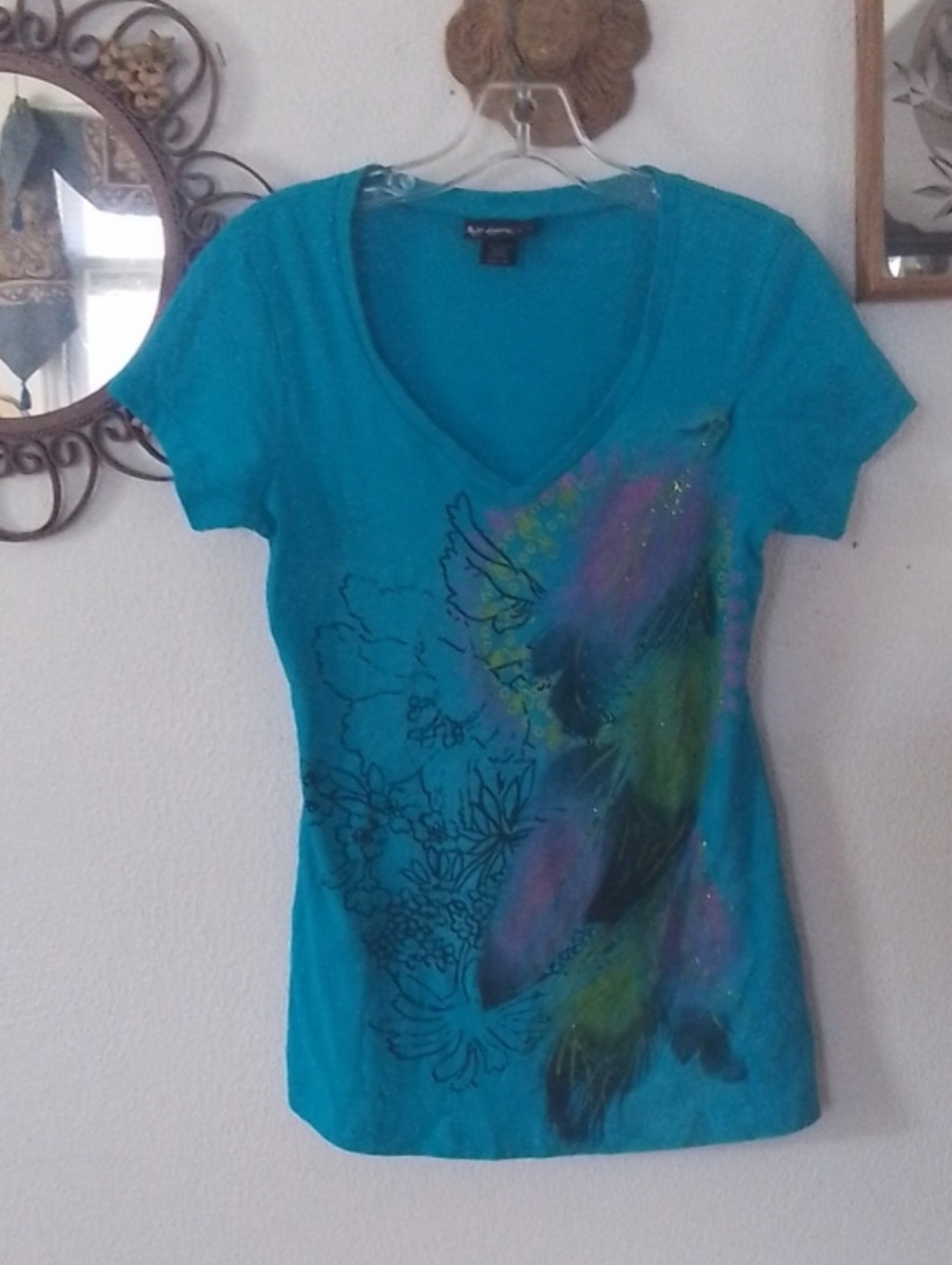 SELF ESTEEM V NECK CAP SLEEVE TURQUOISE T-SHIRT, MEDIUM